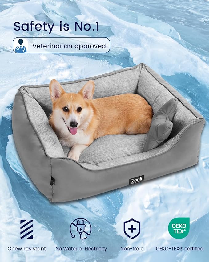 ZonLi Cooling Dog Bed, Dog Bed for Large Dogs, Dog Cooling Bed with Bolsters Waterproof, for Dogs Up to 40 lbs, Pet Bed with Washable Cover, Non-Slip Bottom, Without Gel, Arctic Grey