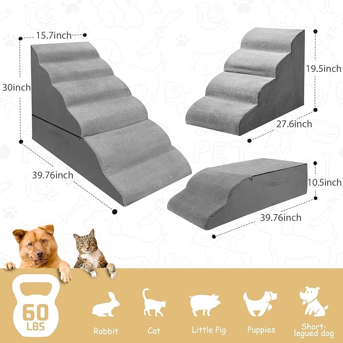 30 Inches Dog Steps, 6 Steps Dog Stairs for High Bed 30-36 Inches, LitaiL Dog Ramps for Small Dogs, Older Injured Pets with Joint Pain, Non-Slip Pet Foam Stairs No Assembly