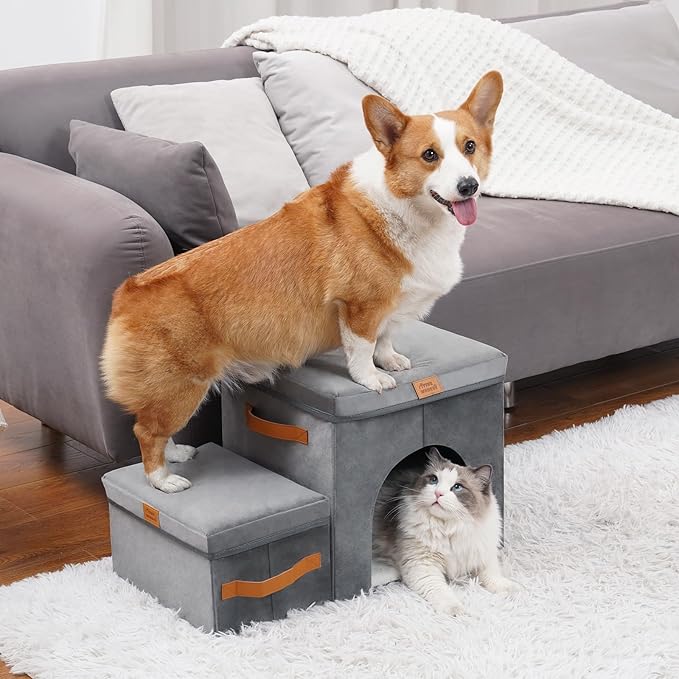 14" H Pet Stairs Steps with Storage & Condo, Foldable Dog Stairs Steps for High Bed & Couch & Window Sill, Non-Slip Pet Ramp Ladder for Cats & Small and Medium Dogs (2-Step, 14" H)