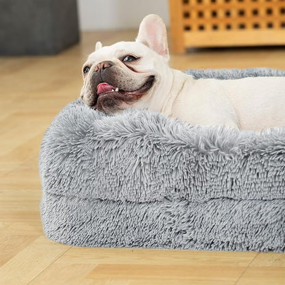 2 in 1 Calming Dog Beds for Medium Dogs, Dual Layer Orthopedic Egg Crate Foam & Memory Foam Faux Fur Shag Pet Mattress Warming Rectangle Cuddle Bed Comfy Anti Anxiety, Anti-Slip Washable Cover