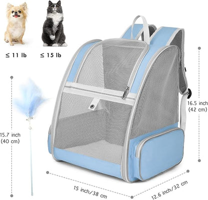 Cat Backpack Carrier, Large Pet Backpack with Cat Wand Feather Toy for Medium Small Dog Cat Puppy Kitten Bunny up to 15lbs, Ventilated Mesh Dog Travel Backpack for Hiking Walking Outdoor Use (Blue)