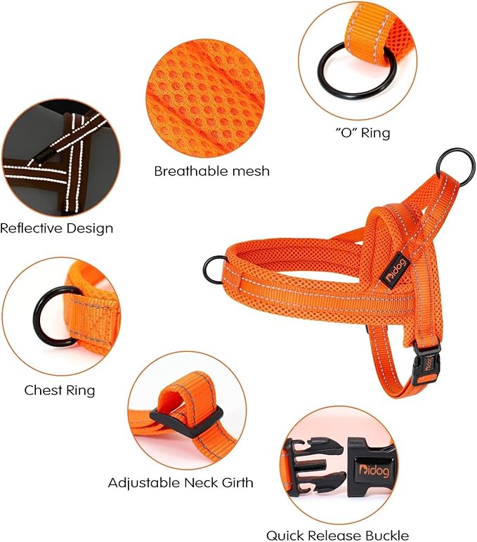 Didog Mesh Flannel Padded Dog Vest Harness,Escape Proof/Quick Fit Reflective Dog Strap Harness, Easy for Training Walking (M:chest 21-26", Orange)