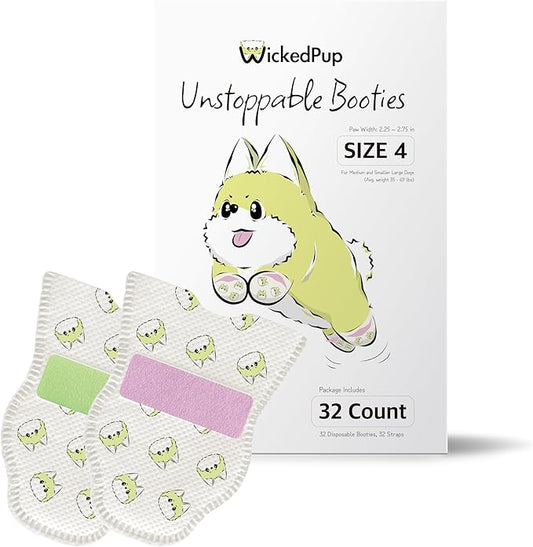 WICKEDPUP Unstoppable Dog Booties, 32 Count, Size 4 | Disposable Dog Boots & Paw Protectors | Breathable Puppy Shoes to Prevent Licking Paws (Size 4: Paw Width 2.25~2.75 inches)