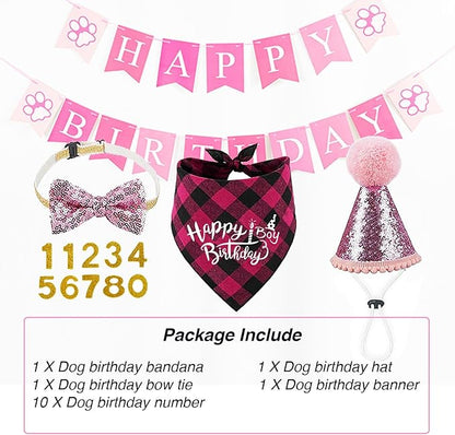 Dog Birthday Bandana Set Dog Girl Birthday Hat Happy Birthday with Numbers for Large X-Large Dogs Pets