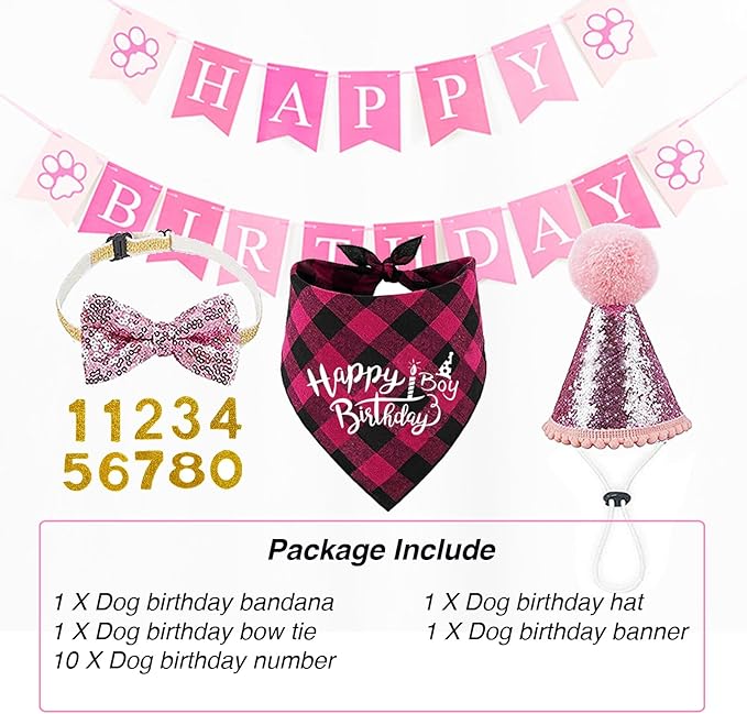 Dog Birthday Bandana Set Dog Girl Birthday Hat Happy Birthday with Numbers for Small Medium Dogs Pets