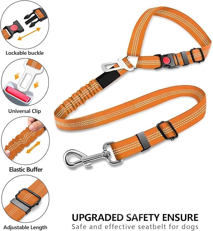 Best Dog Supplies Dog Car Seat Belt - Adjustable Buckle Design Elastic Nylon Vehicle Seatbelt Plus Durable Tangle-Free Headrest Harness - Perfect for Pets – Orange