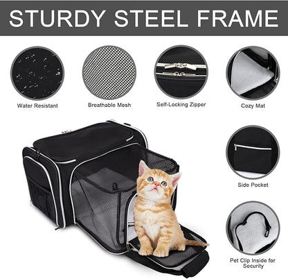 BAGLHER Cat Carrier Bag,Airline Approved Pet Carrier Soft Side Pet Travel 5 Sides Open Doors 3 Sides Expandable Foldable Dog Carrier with Fleece Pad