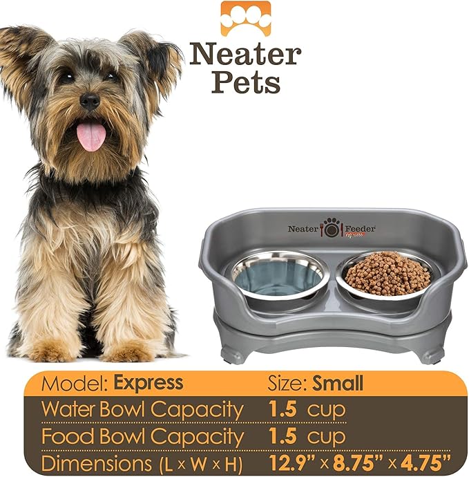 Neater Feeder - Express Model - Mess-Proof Dog Bowls (Small, Gunmetal Grey) – Made in USA – Elevated, No Spill, Non-Tip, Non-Slip, Raised Stainless Steel Food & Water Pet Bowls