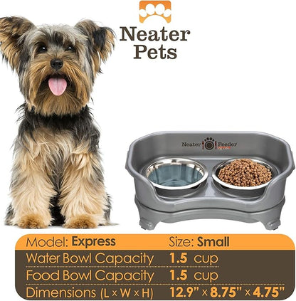 Neater Feeder - Express Model - Mess-Proof Dog Bowls (Small, Gunmetal Grey) – Made in USA – Elevated, No Spill, Non-Tip, Non-Slip, Raised Stainless Steel Food & Water Pet Bowls