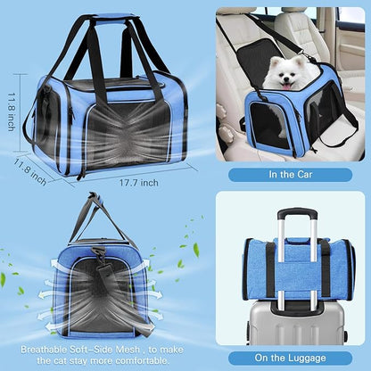 Pet Carrier Bag Soft-Sided & Portable Cat Travel Litter Box, 15pcs Cat Stuffs Included in Cat Travel Carrier Kit, Pet Nail Clipper, Brush, Bowls, Harness and Leash, Collar, Gloves, Catnip Toys