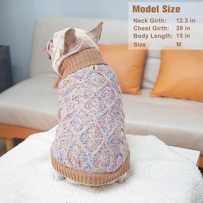 BEAUTYZOO Cable Knit Small Dog Sweater, Color Block with Fuzzy Thread Knitted Turtleneck Dog Knitwear with Dots in a Variety of Colors for Small Medium Dogs Fall Winter Dog Clothes, S Beige