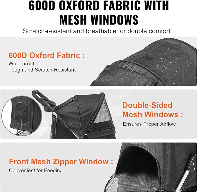 VEVOR Pet Stroller for Dogs and Cats up to 35lbs 3 Wheels