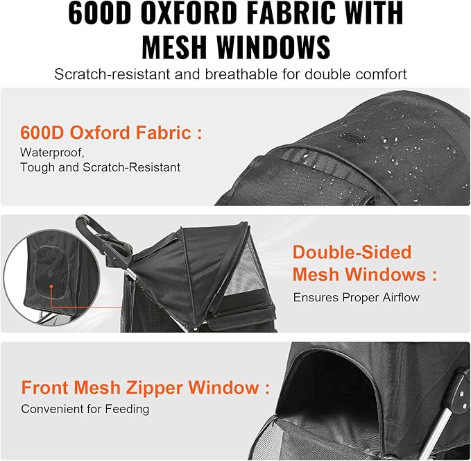 VEVOR Dog Stroller for Small Medium Dogs Up to 35lbs 3 Wheels