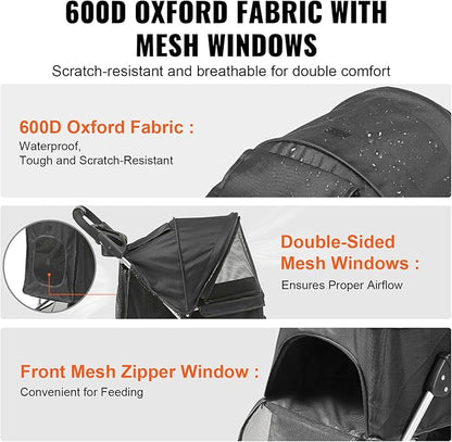 VEVOR Dog Stroller for Small Medium Dogs Up to 35lbs 3 Wheels