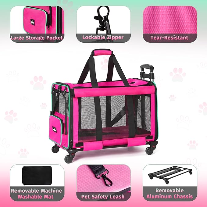 Large Cat Carrier with Wheels, Foldable Rolling Cat Carrier for 2 Cats with Wheels for Cat Dog Under 30 lbs, Cat Carrier Travel Bag with Large Pocket for Outdoor, Pink