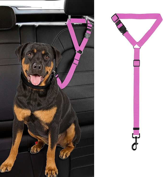 Dog Cat Safety Seat Belt Strap Car Headrest Restraint Adjustable Nylon Fabric Dog Restraints Vehicle Seatbelts Harness (Pink)