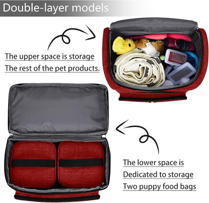 BAGLHER Pet Travel Bag, Double-Layer Pet Supplies Backpack (for All Pet Travel Supplies), Pet Travel Backpack with 2 Silicone Collapsible Bowls and 2 Food Baskets Red