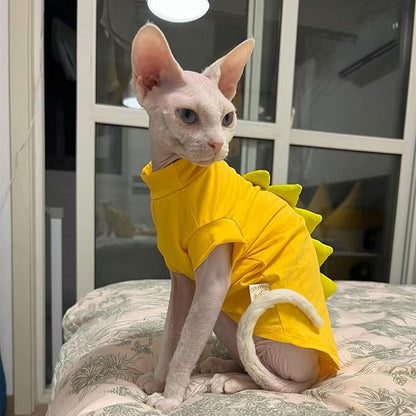Dinosaur Design Sphynx Hairless Cat Clothes Cute Breathable Summer Cotton Shirts Cat Costume Pet Clothes (6-8.8 lbs),