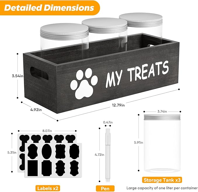 Dog Treat Jar for Countertop - Dog Treat Container with 3 Jars - Pet Food Organizer For Puppy - Airtight Grey Wooden Dog Treat Storage With Lids - Great Gift for Pet Dog Owners