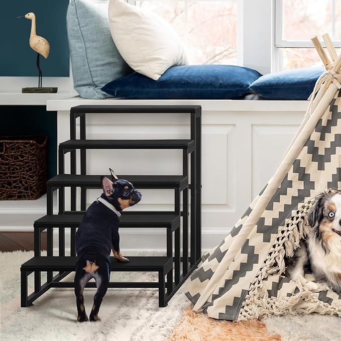 Dog Stairs for High Beds 5 Tier Dog Steps Black Pet Steps Stairs Ramps with Non-Slip Stair Tread for Puppy