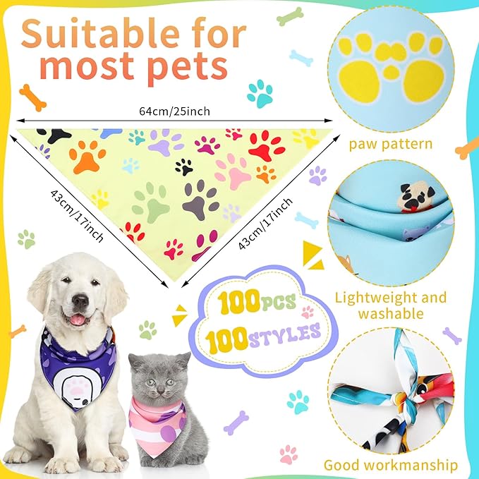 100 Pcs Paw Pattern Bandana Bulk Pet Bandanas