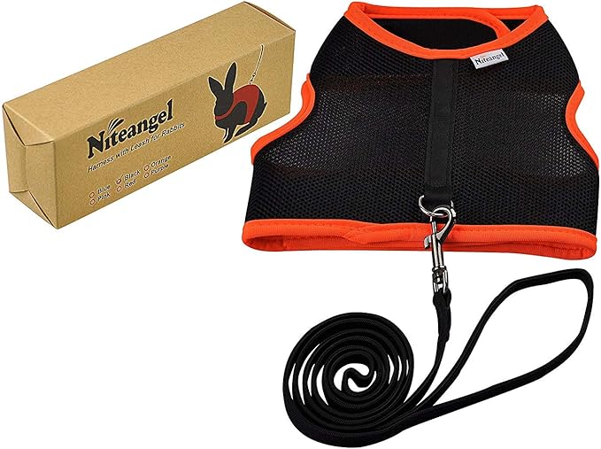 Niteangel Adjustable Soft Harness with Elastic Leash for Rabbits (M, Black)