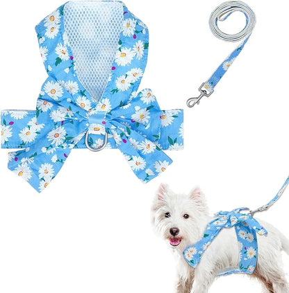 Dog Harness Vest Set for Small Girl Dogs with D-Ring Soft Comfortable Mesh Dog Harness Vest Pet Daisy Floral Bow Tie for Small Medium Large Dogs (Blue, S)