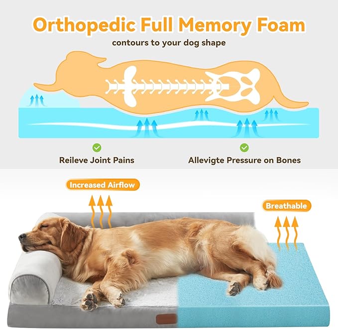 X-Large Memory Foam L Shaped Dog Bed,Supportive Orthopedic Pet Couch Bed Waterproof Non-Slip Bottom Dog Bed with Removable Washable Cover- Sleep Surface 35"x24"