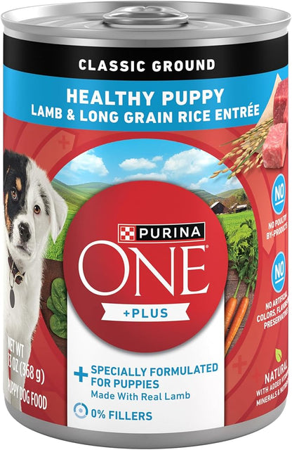 Purina ONE Plus Wet Puppy Food Classic Ground Healthy Puppy Lamb and Long Grain Rice Entree - (Pack of 12) 13 oz. Cans