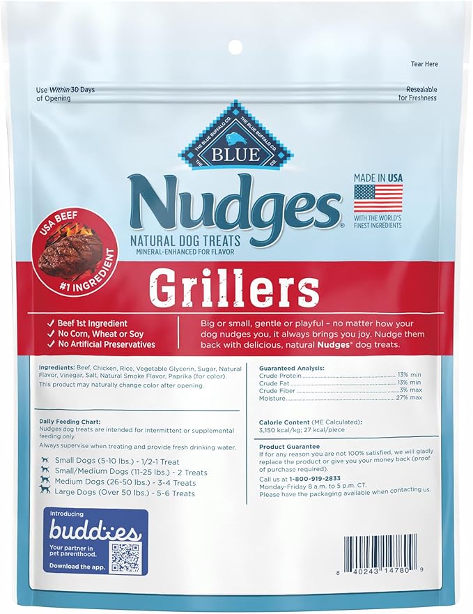 Blue Buffalo Nudges Grillers Natural Dog Treats, Steak, 10oz Bag