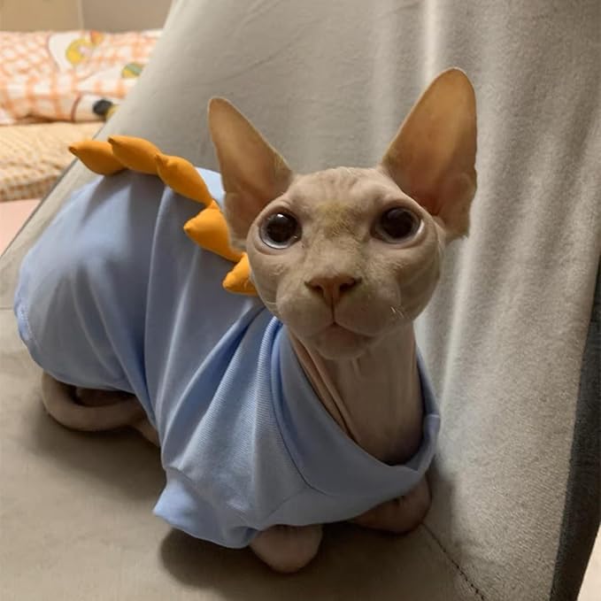 Dinosaur Sphynx Hairless Cat Clothes Cute Summer Cotton Shirts Cat Costume Pet Clothes Kitten T-Shirts Cats Small Dogs Apparel (Lake Blue