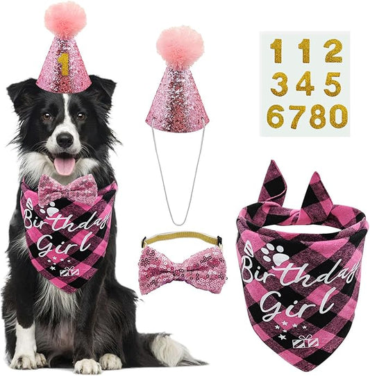 Dog Birthday Party Supplies, LMSHOWOWO Reusable Dog Birthday Bandana Set, Blingbling Dog Birthday Hat Bow Tie Numbers for Large Extra Large Dogs Pets Birthday Decorations (Pink, X-Large)