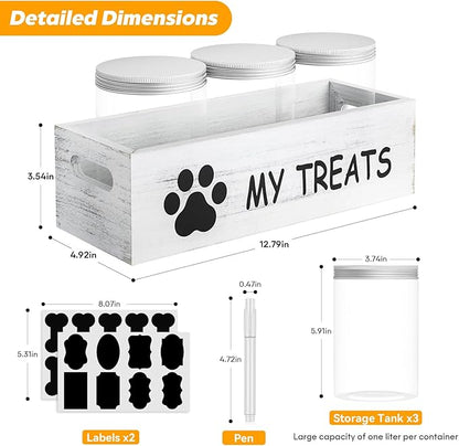 Dog Treat Container for Countertop - Dog Food Storage with 3 Jars - Pet Food Organizer For Puppy - Airtight White Wooden Dog Treat Storage With Lids - Great Gift for Pet Dog Owners