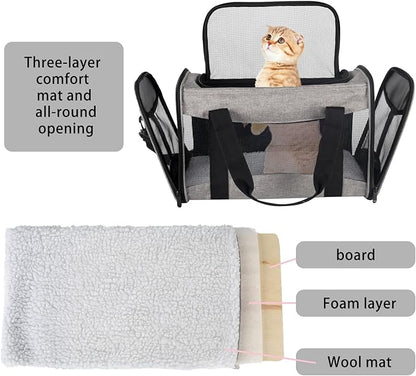 Cat Carrying Case - Pet Carrier Airline Approved, Protable and Breathable Pet Travel Carrier Removable Fleece Pad, Collapsible Cat Carrier Dog Carrier for Medium Cats Small Cats Dogs(15 * 10 * 10)