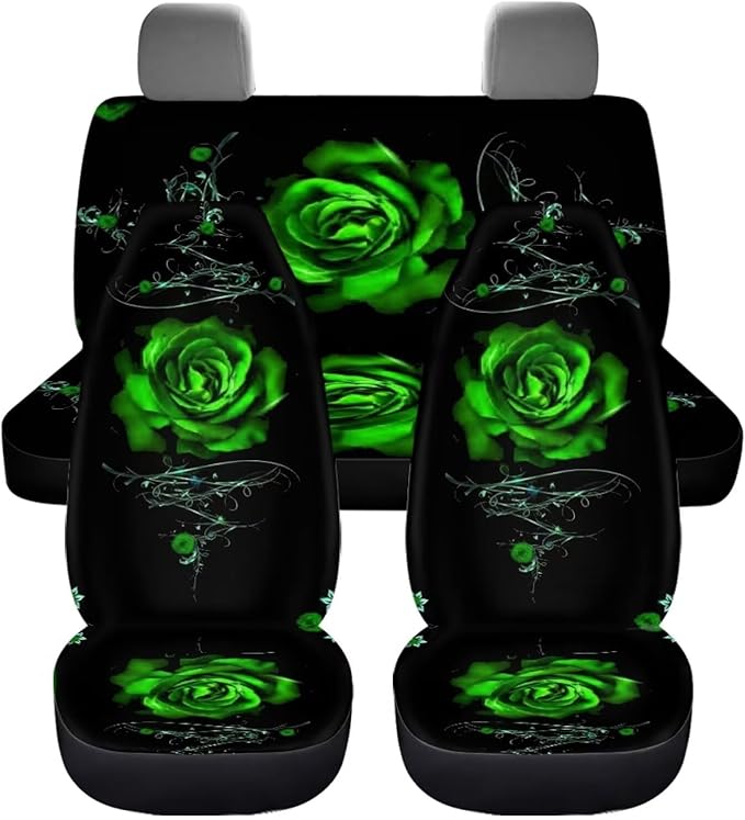 Green Rose Car Seat Cover Set for Women 4pcs Auto
