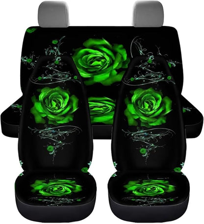 Green Rose Car Seat Cover Set for Women 4pcs Auto