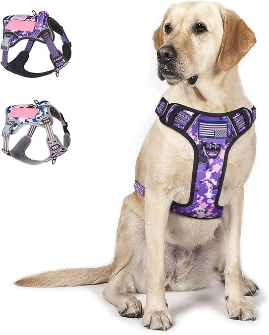 BUMBIN Tactical Dog Harness for Large Dogs No Pull, Famous TIK Tok No Pull Dog Harness, Fit Smart Reflective Pet Walking Harness for Training, Adjustable Dog Vest Harness with Handle Purple Camo L