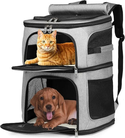 Beviliu, Cat Backpack Carrier for 2 Cats, Cat Carrier for Large Cats, Dog Backpack for 2 Small Dogs, with 7 Ventilation Windows, Built-in Frame and Support Plate, Safety Straps, Collapsible, Grey