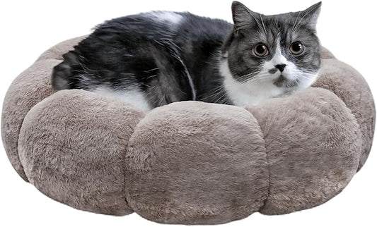 Cat Beds for Indoor Cats, Machine Washable Non-Skid, Fluffy Flower Cat Bed Cute, Anti Anxiety Dog Beds for Toy Size Dogs, 20 * 20 Inches, Brown