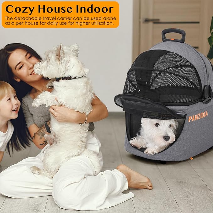 PAWZIDEA Double Pet Stroller for 2 Cats Dogs Small & Medium, TSA Airline Approved Cat Carrier Expandable, Cat Stroller with Removable Carrier Bag, 2 Dog Stroller Detachable Carrier, Travel Car Seat