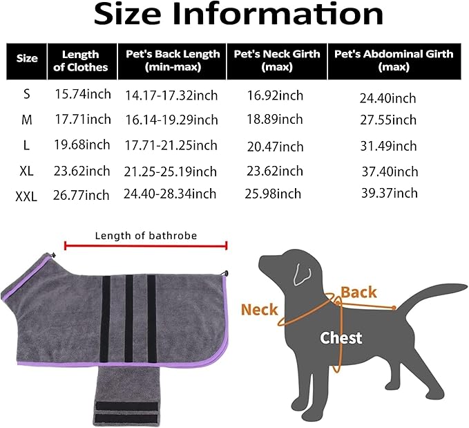 Microfibre Dog Bathrobe Dog Towel Wrap Super Absorbent Dog Drying Coat Bath Robe for Puppy, Medium & Large Dogs, Fast Drying, Adjustable, for Pet Dogs & Cats