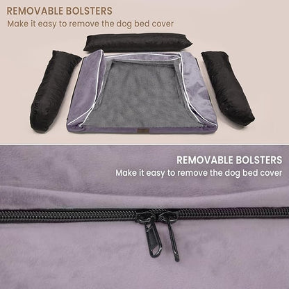 XL Dog Bed, Purple Dog Beds for Extra Large Dogs, Washable Dog Bed with Removale Bolsters, High Bolster Dog Bed with Nonslip Bottom, Extra Large Dog Bed up to 100 lbs