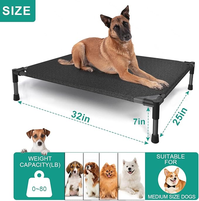 Elevated Outdoor Dog Bed Medium 32x25x8in Raised Dog Bed Summer Waterproof Dog Cot Bed Breathable Teslin Mesh 80 lbs.