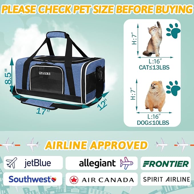 Petskd Pet Carrier 17x12x8.5 JetBlue Allegiant Airline Approved,Pet Travel Carrier Bag for Small Cats and Dogs, Soft Dog Carrier for 1-13 LBS Pets,Dog Cat Carrier with Safety Lock Zipper(Blue)