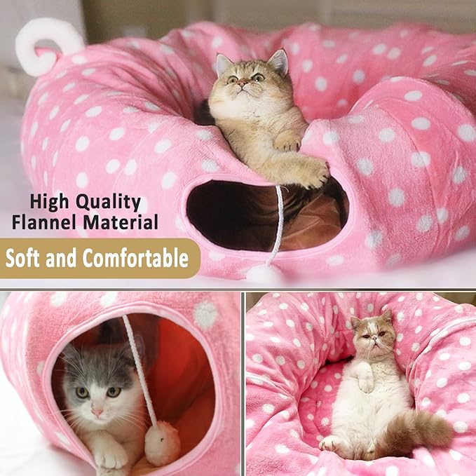 AUOON Cat Tunnel Bed with Central Mat,Big Tube Playground Toys,Soft Plush Material,Full Moon Shape for Kitten,Cat,Puppy,Dog,Rabbit,Ferret,Pink