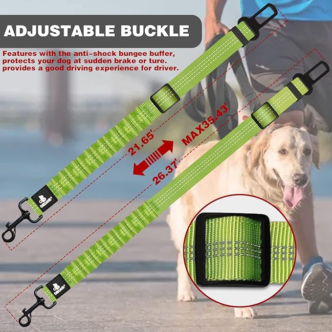 Dog Seat Belt,Retractable Dog Seatbelts Harness for Car,Adjustable Seatbelt Pet Safety Seat Belts with Elastic Bungee Buffer and Restraint Reflective (2 Piece/Green)