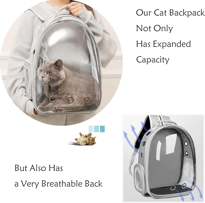 Cat Backpack Carrier Expandable Ventilate Transparent Pet Dog Backpack for Large Cats Hiking, Travel, Outdoor, Airline-Approved Space Capsule Backpack(Grey)