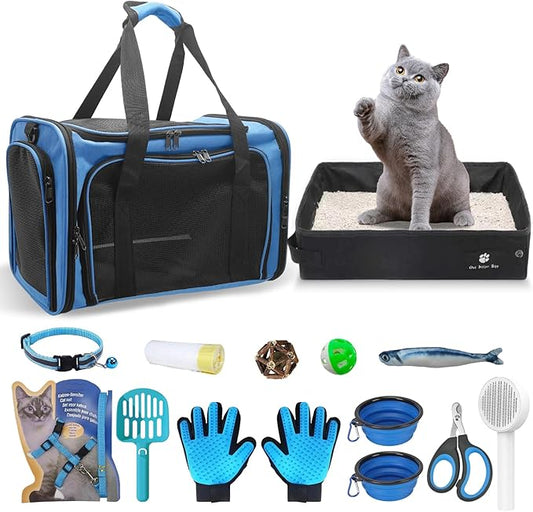 Pet Carrier Bag Soft-Sided & Portable Cat Travel Litter Box, 15pcs Cat Stuffs Included in Cat Travel Carrier Kit, Pet Nail Clipper, Brush, Bowls, Harness and Leash, Collar, Gloves, Catnip Toys