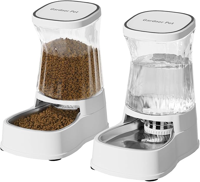 Automatic Pets Gravity Feeder and Water Dispenser Set, 1Gallon x 2 Stainless Steel Food Feeder and Waterer, 100% BPA-Free Water Bowl Dispenser for Small&Medium Dogs, Cats, Puppies(White)