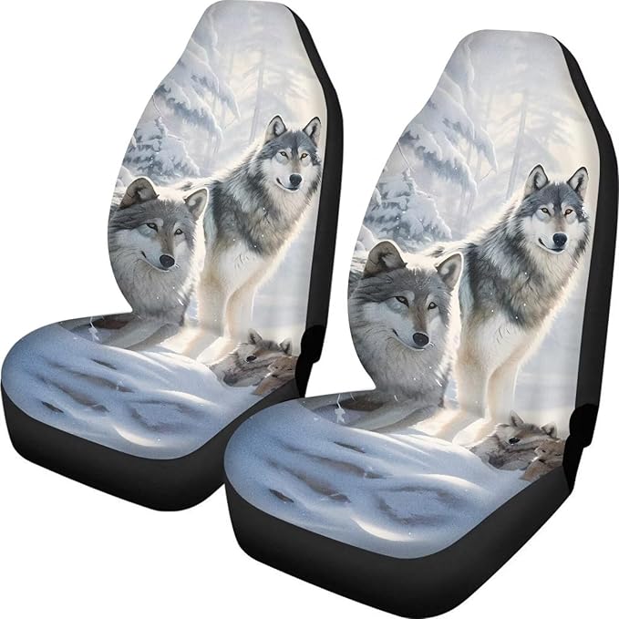 UNICEU Snow Wolf Print Car Seat Covers 2 Packs